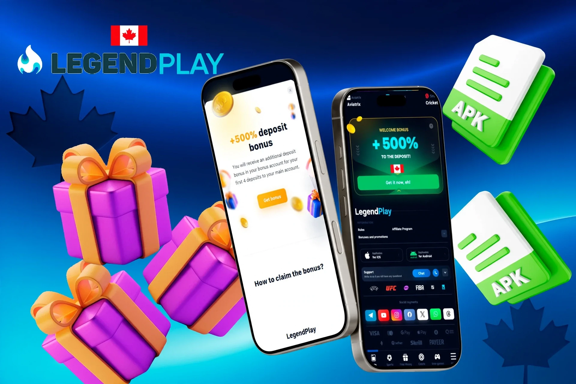 LegendPlay mobile app promotion with 500% deposit bonus and gift box illustration