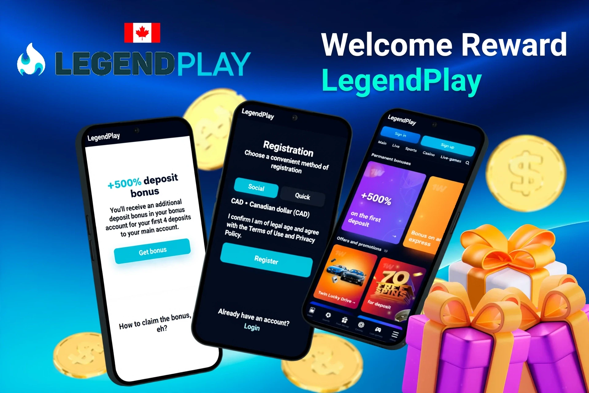 Mobile screens displaying LegendPlay registration and 500% deposit bonus with gift boxes