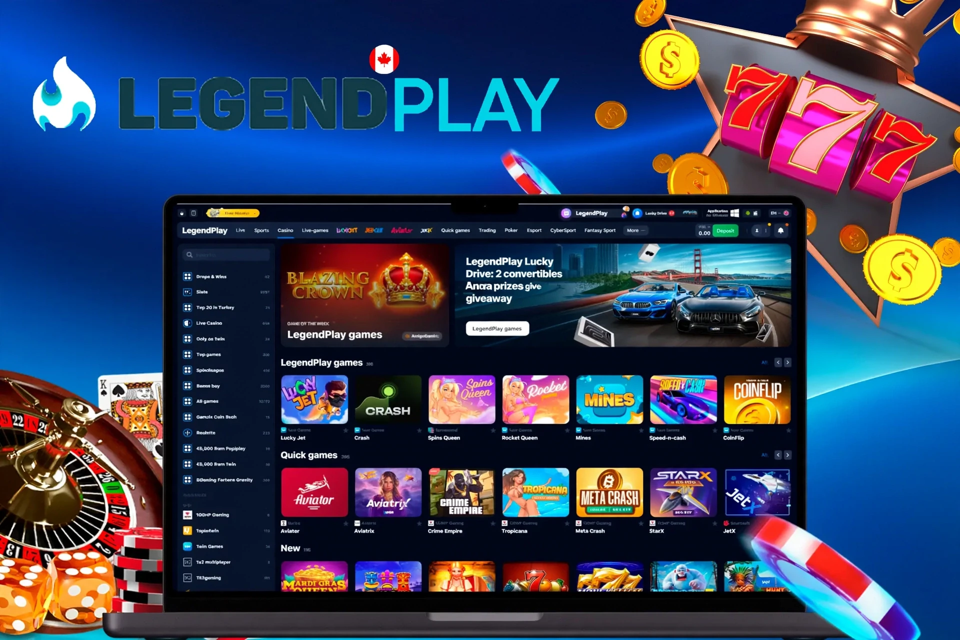 LegendPlay casino homepage with various slot and crash games, including Lucky Jet and Blazing Crown