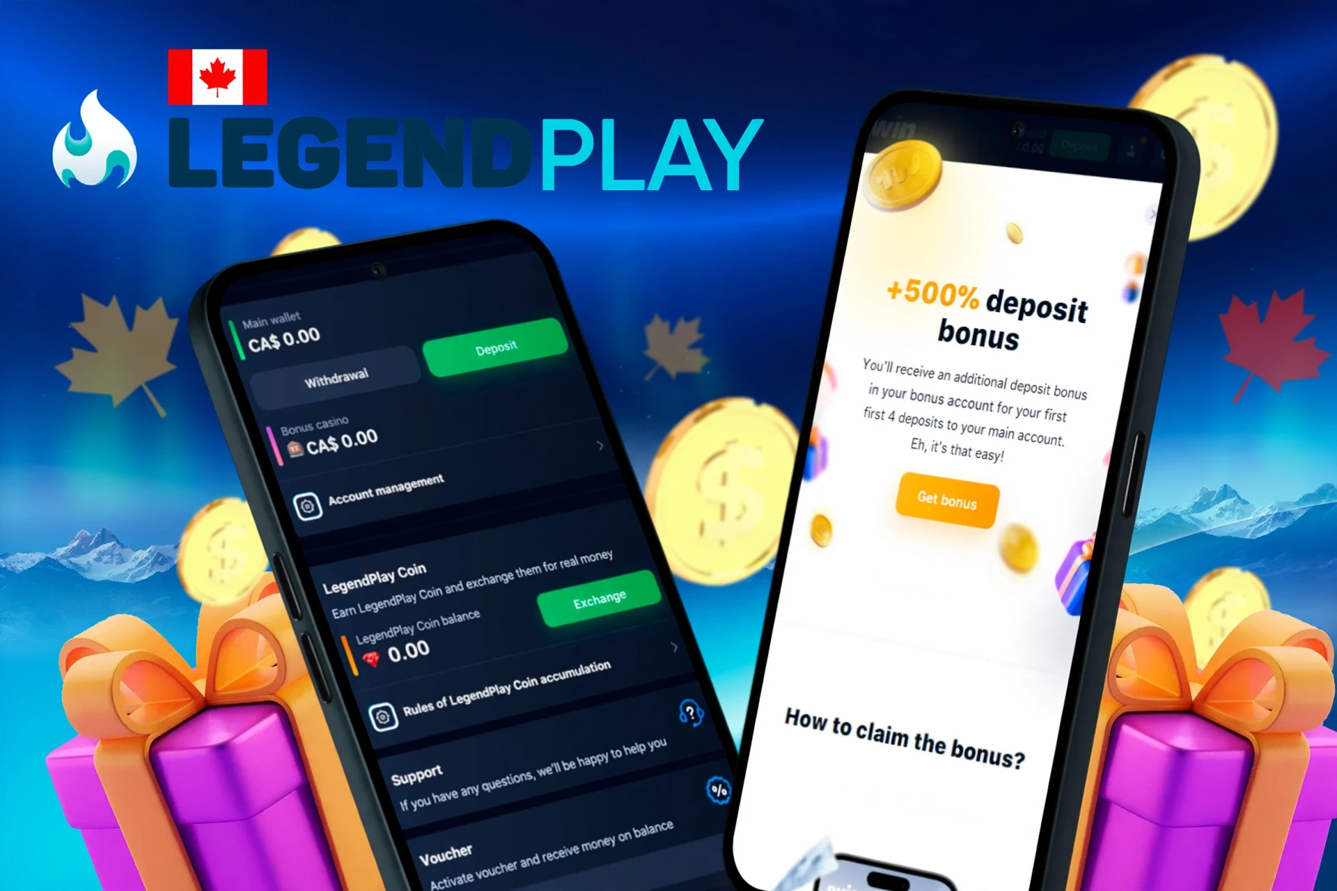 deposit and withdrawal screen on LegendPlay showing wallet balance, account management options, and a 500% deposit bonus offer