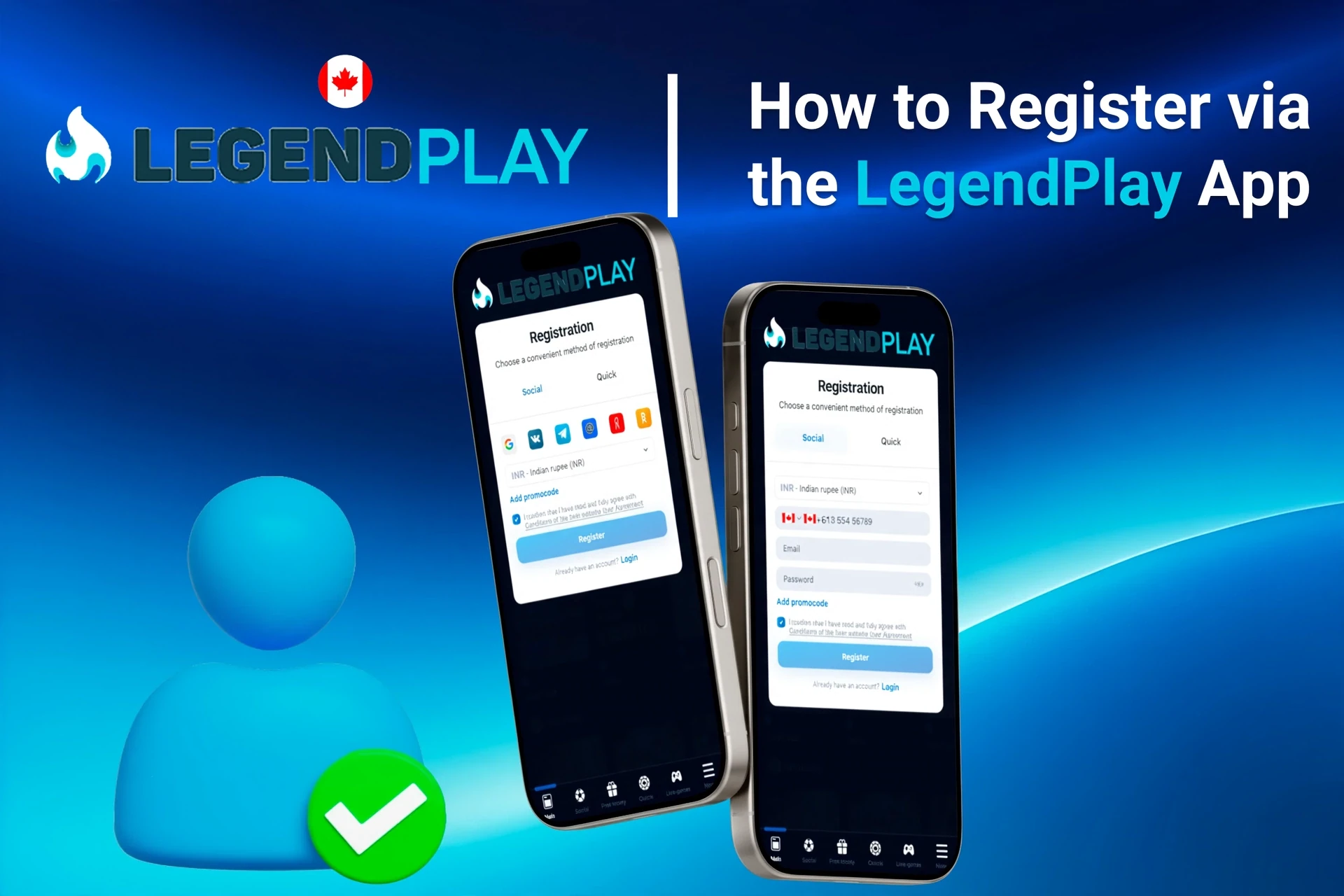 Registration process on the LegendPlay mobile app with social login options