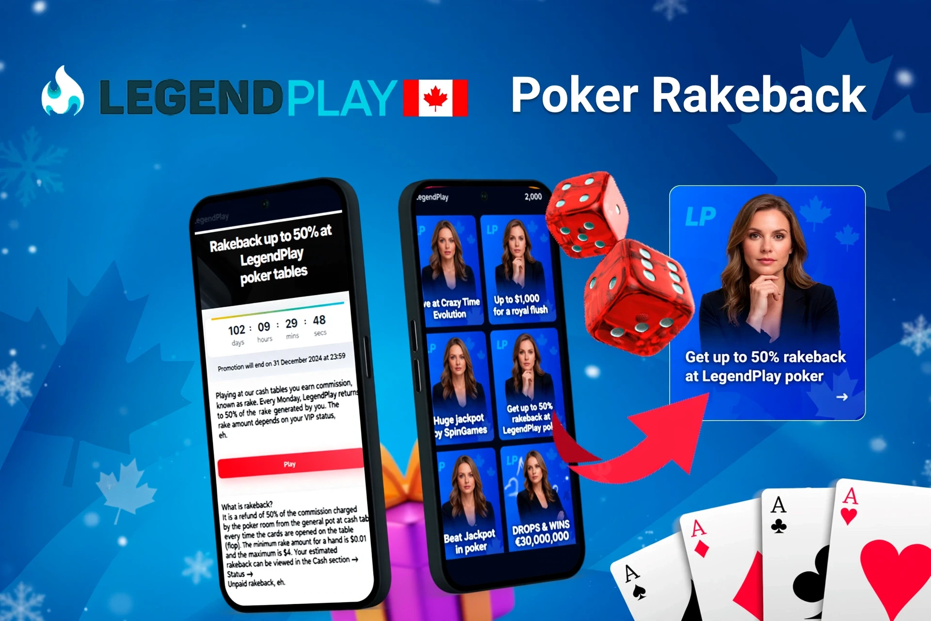 Mobile app with LegendPlay poker rakeback offer up to 50%, red dice, and playing cards