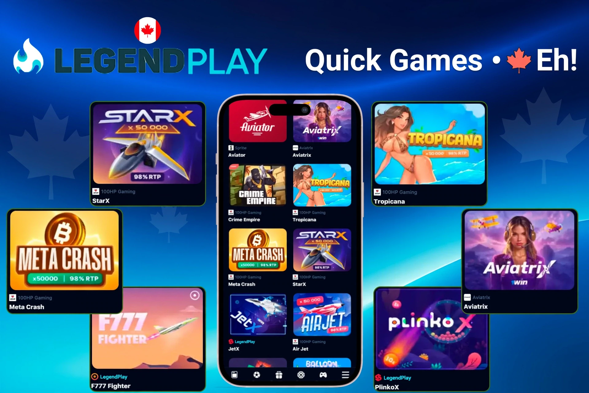quick games section with titles like StarX, Tropicana, Meta Crash, and PlinkoX highlighted on mobile app