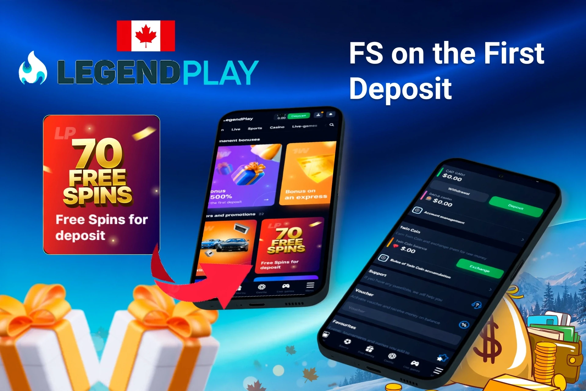 Mobile app showing casino game offers like loyalty program and free spins with poker chips and cards