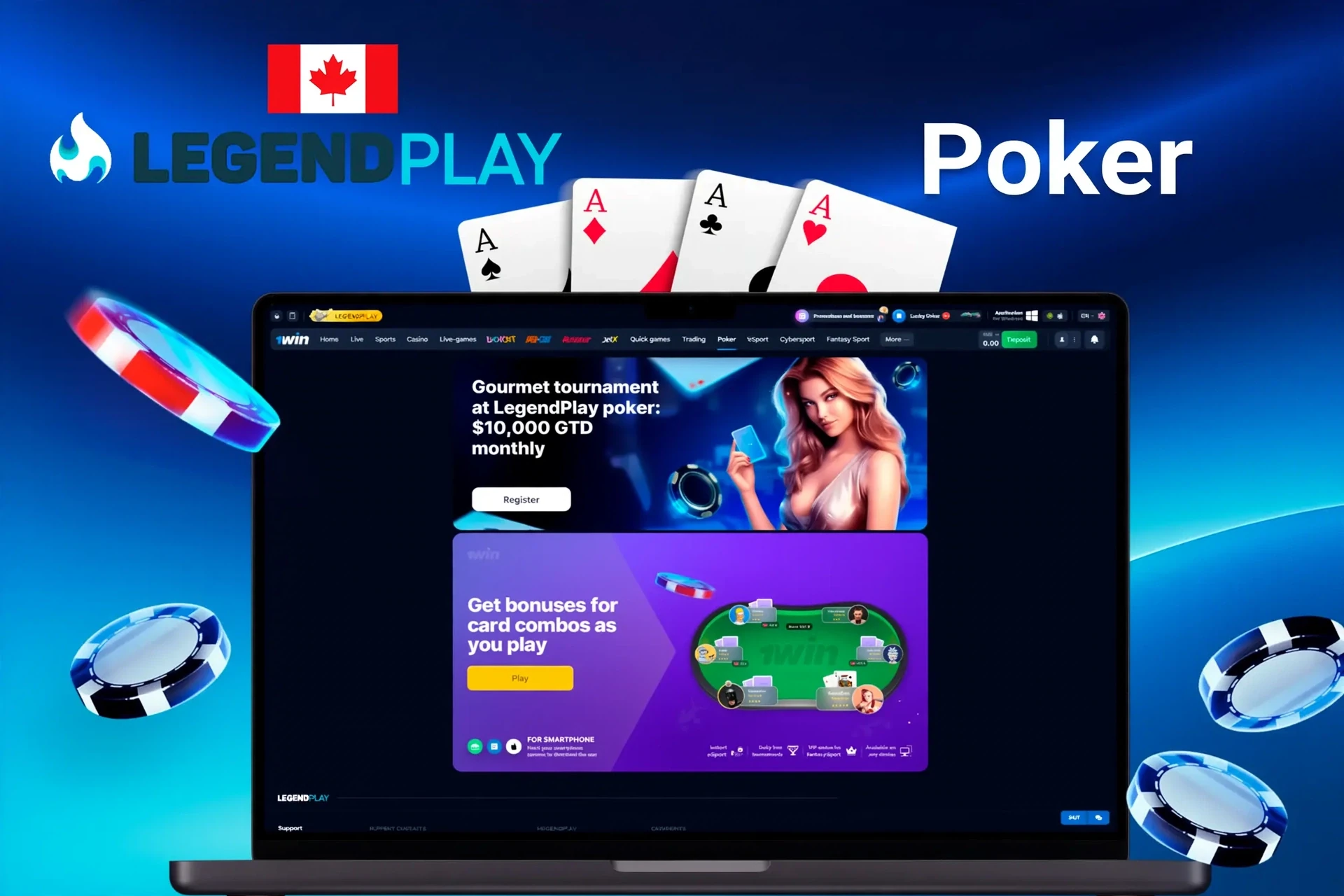 LegendPlay poker promotion featuring a gourmet tournament with C$10,000 guaranteed prize and bonuses for card combos