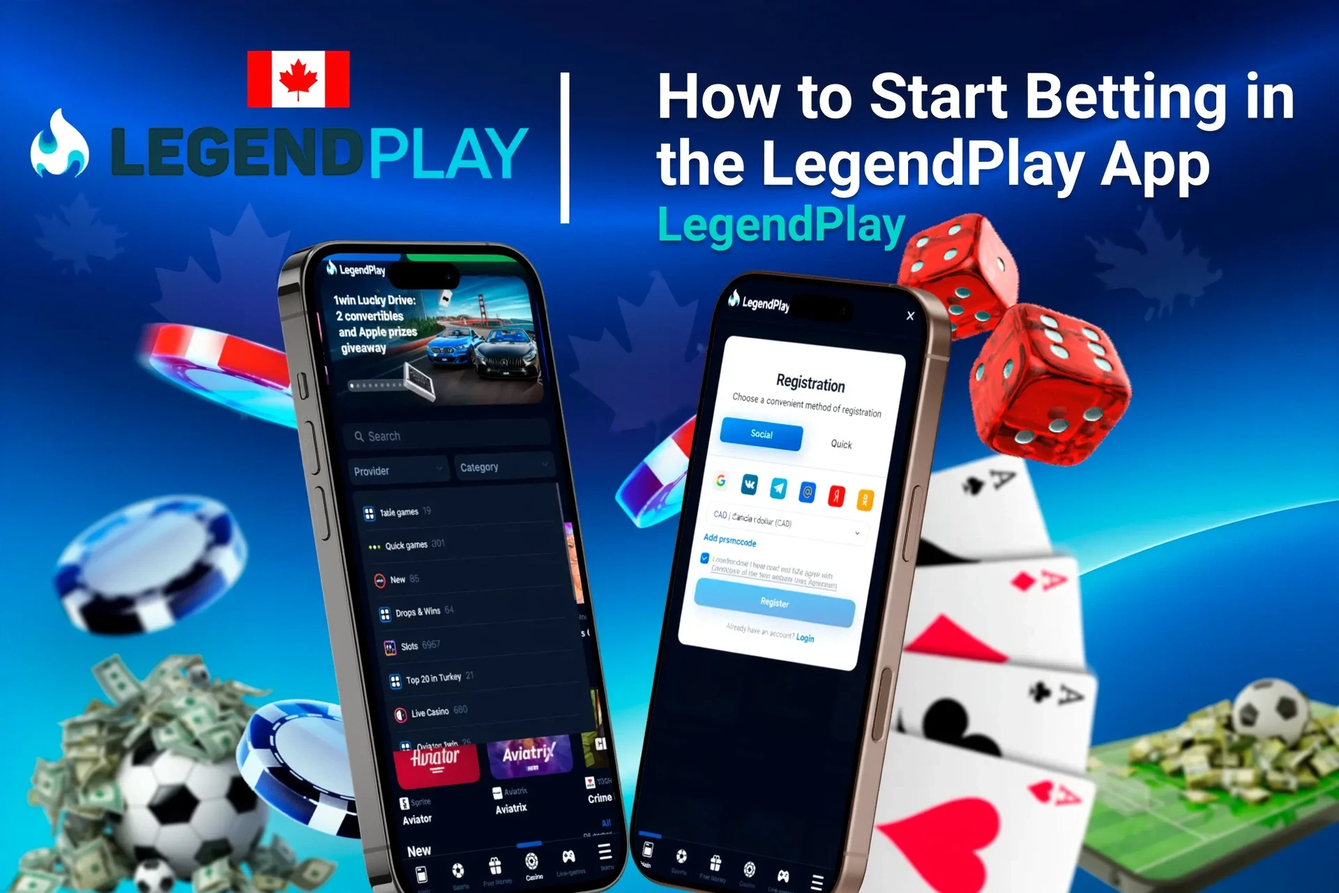 Step-by-step guide to starting betting on the app, with registration and game selection shown on mobile screens