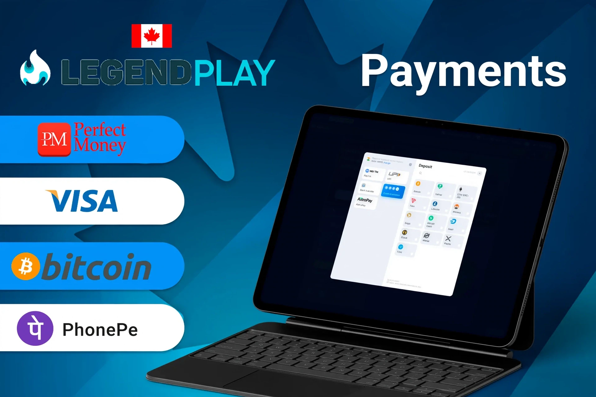 LegendPlay payment methods including Perfect Money, Visa, Bitcoin, and Interac for quick and secure transactions