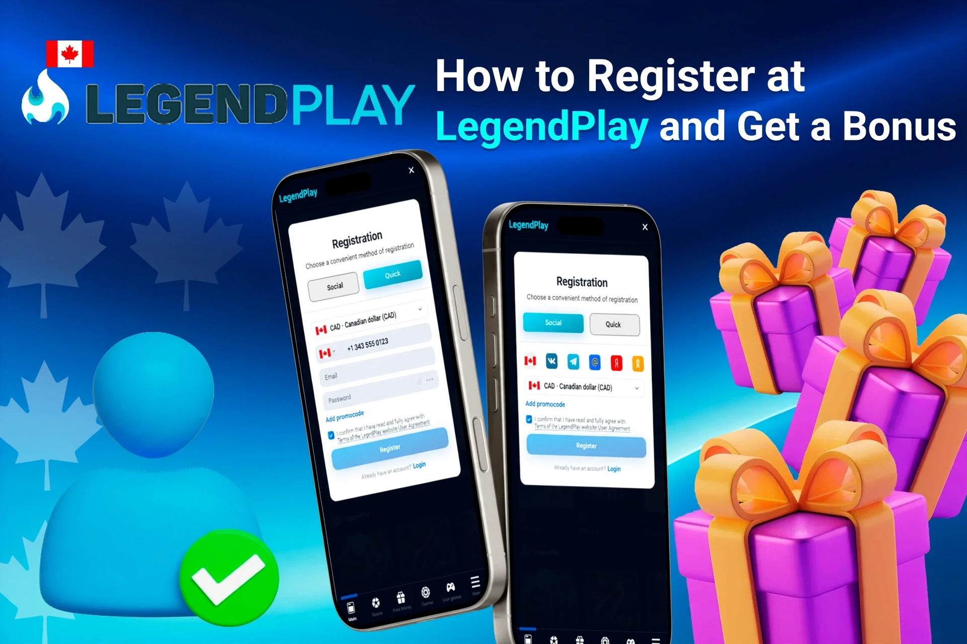 Mobile registration page for LegendPlay showing bonus offers with purple and gold gift boxes