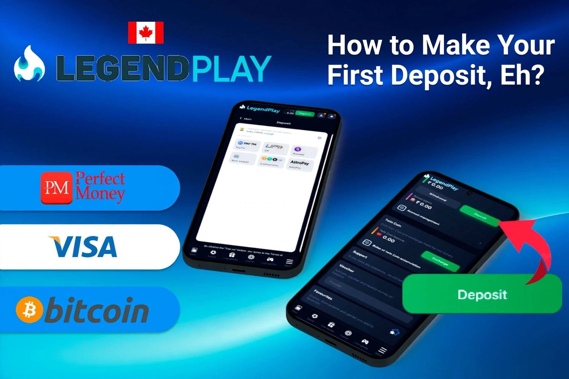 mobile app with deposit options including Perfect Money, Visa, and Bitcoin, along with deposit button