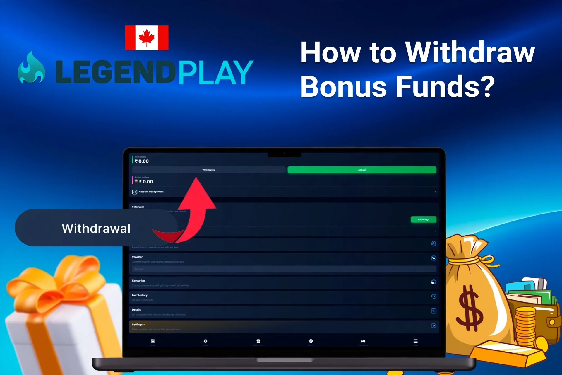 Laptop screen showing LegendPlay withdrawal options with money bags and gift boxes in the background