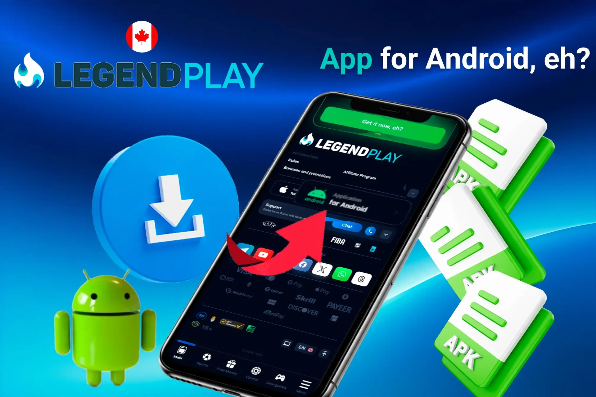 LegendPlay Android app download process with APK file icons and Android mascot