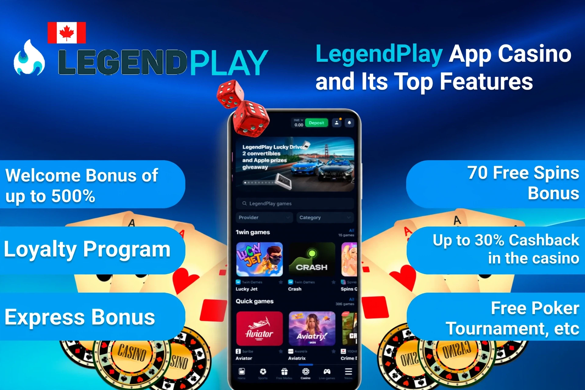 1Win App Casino top features including welcome bonus, loyalty program, and express bonus on mobile interface