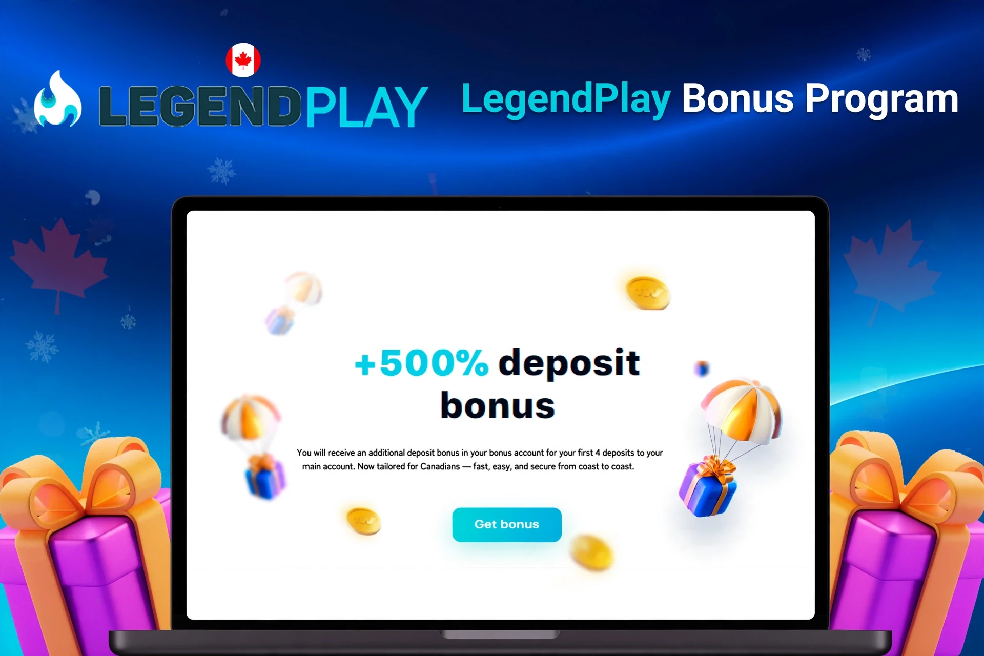 Laptop displaying a +500% deposit bonus offer with floating coins and gift boxes