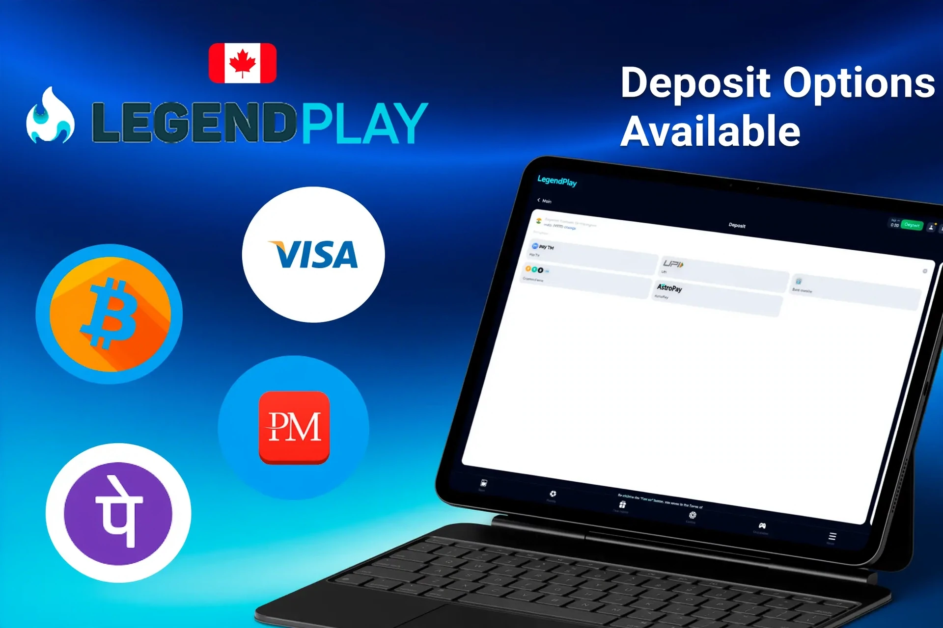 Deposit options available on LegendPlay platform, including Bitcoin, Visa, Interac, and e-wallets, displayed on a tablet