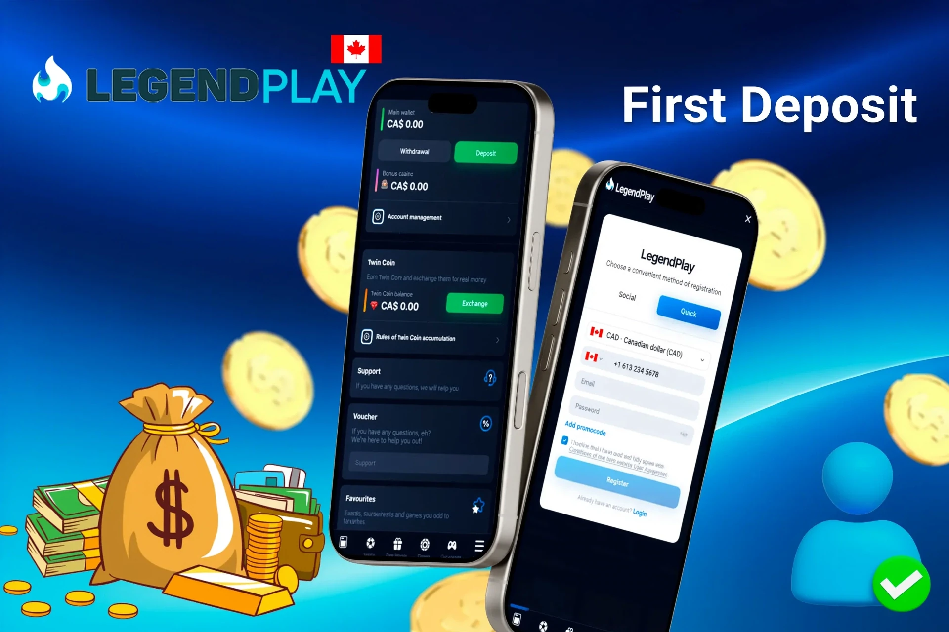 mobile interface showing steps to make the first deposit, with icons for payment options and bonus registration