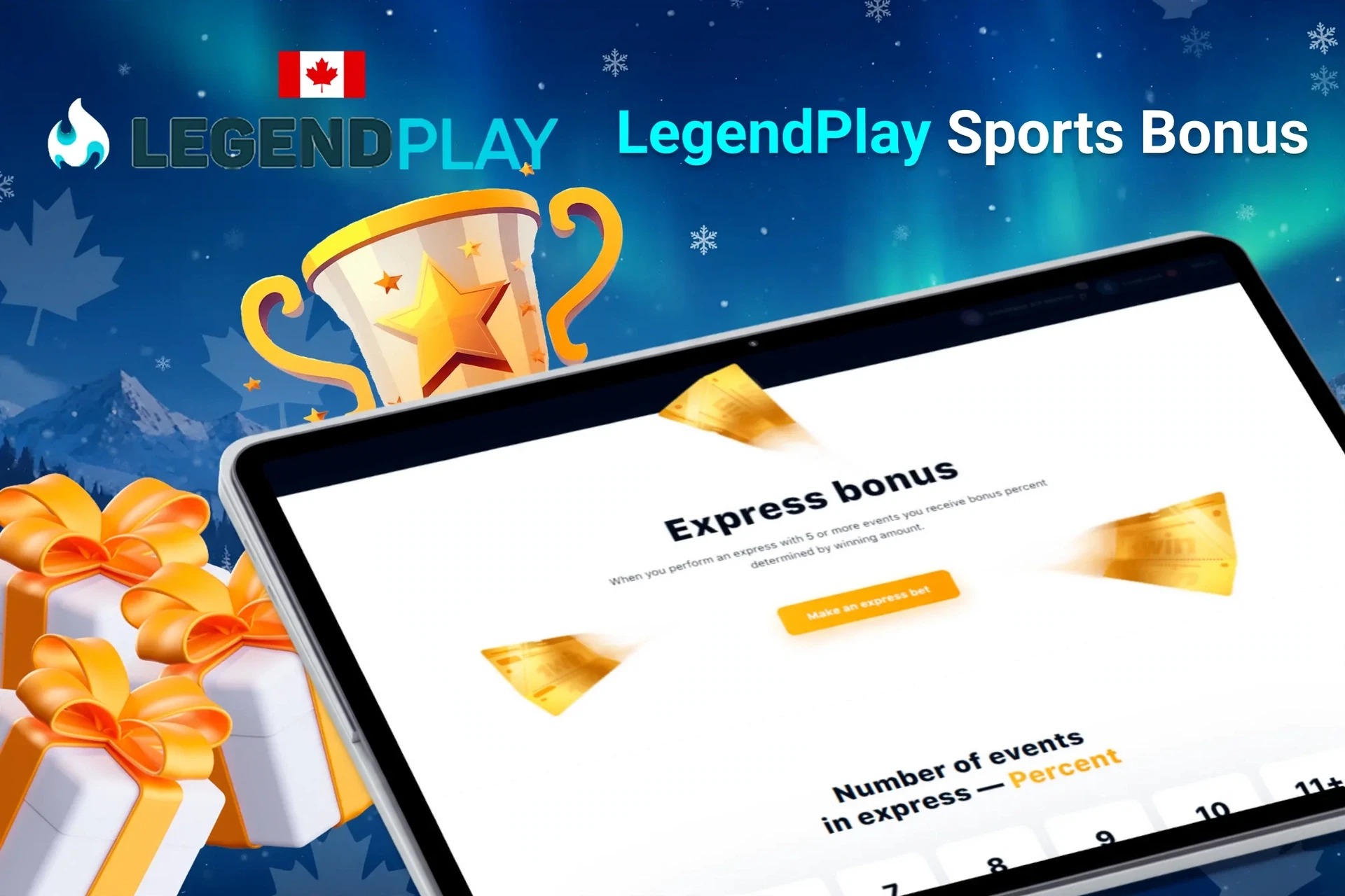 Tablet screen showing accumulator bonus for sports betting from LegendPlay, with a trophy and gift boxes.