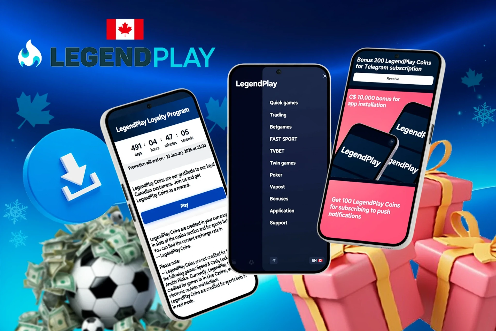 Mobile screens displaying loyalty program, app install bonus, and football icon with download button