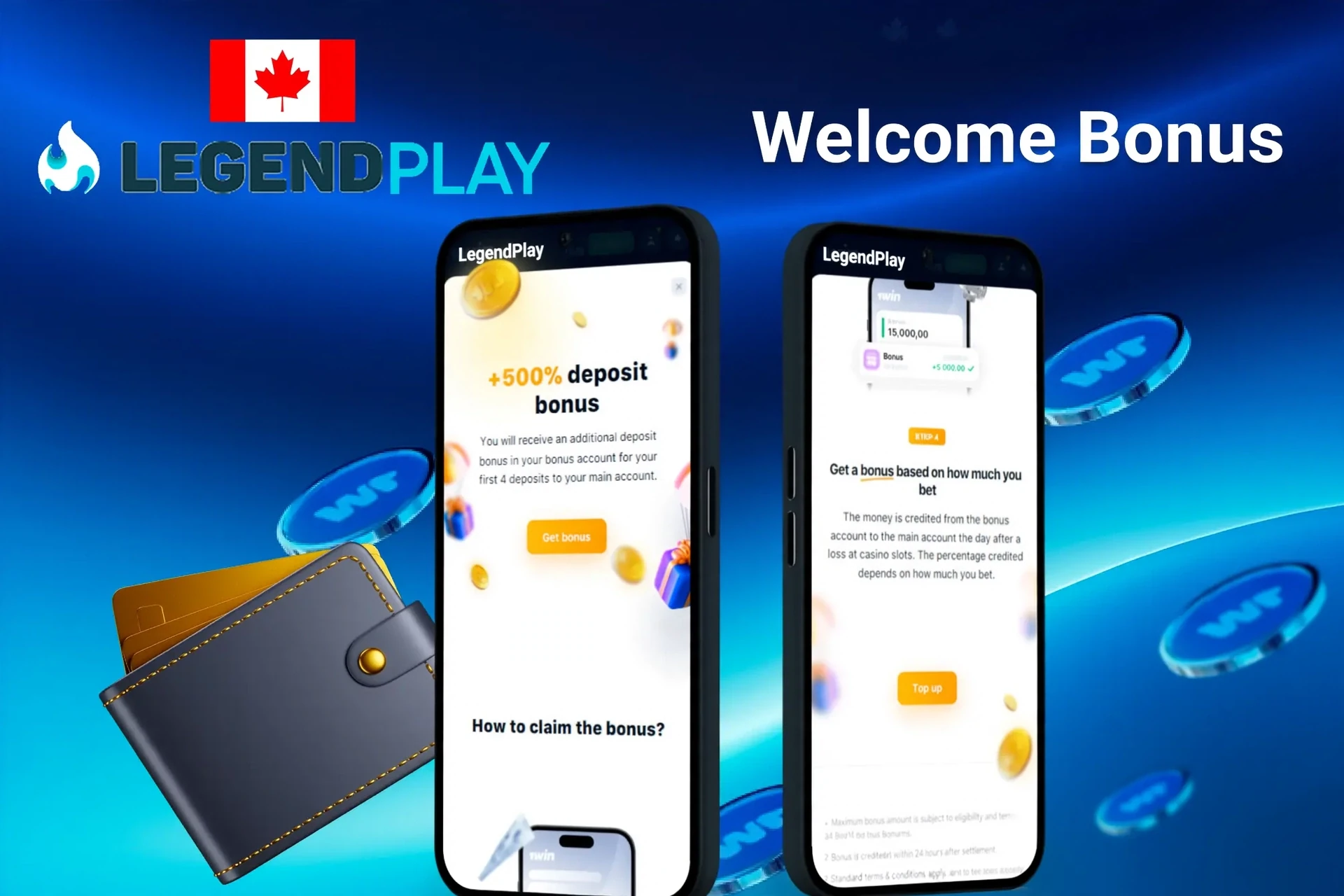 LegendPlay welcome bonus screen with +500% deposit bonus for first four deposits, displayed on two mobile screens