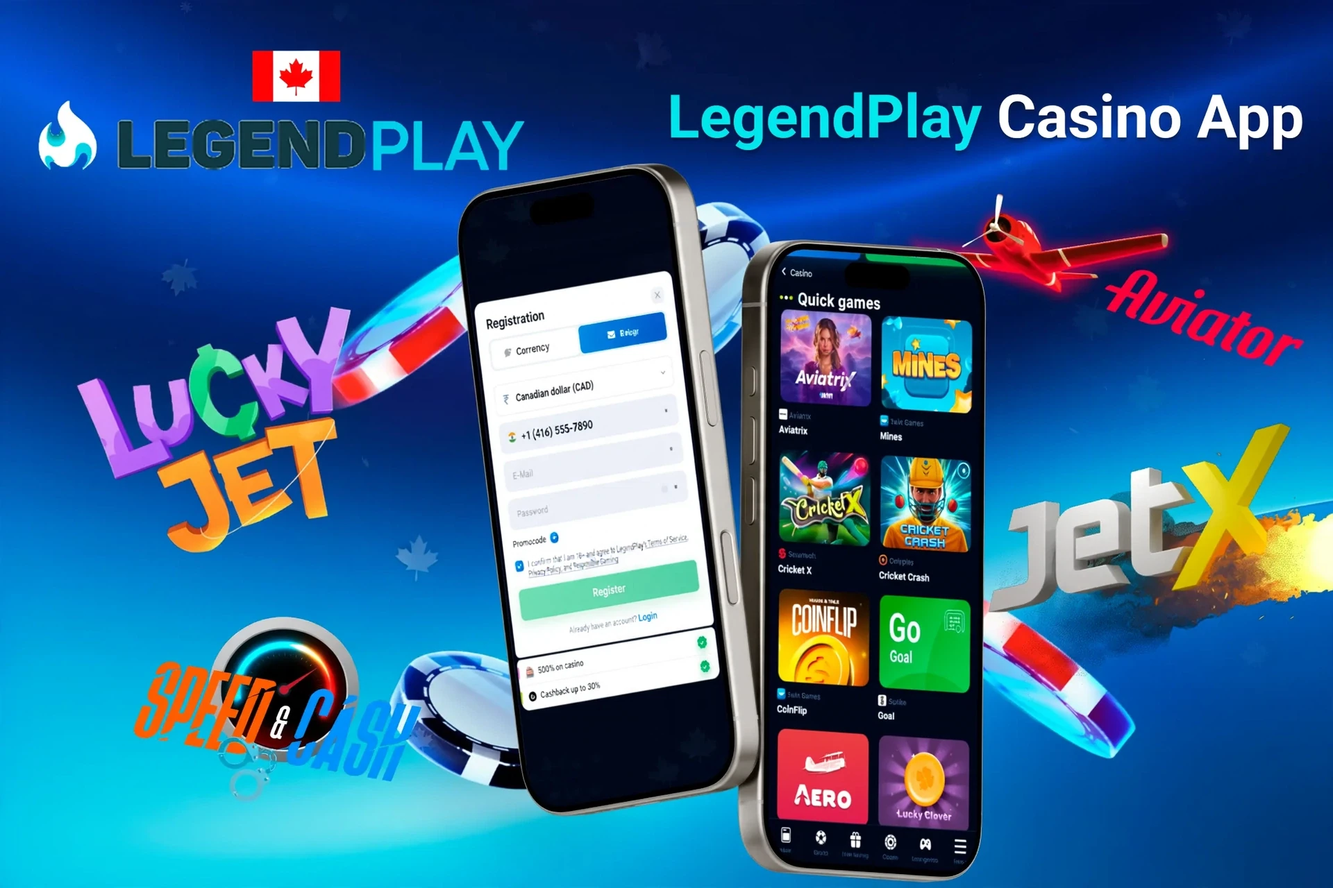 LegendPlay Casino app registration screen with quick games like Aviatrix and JetX