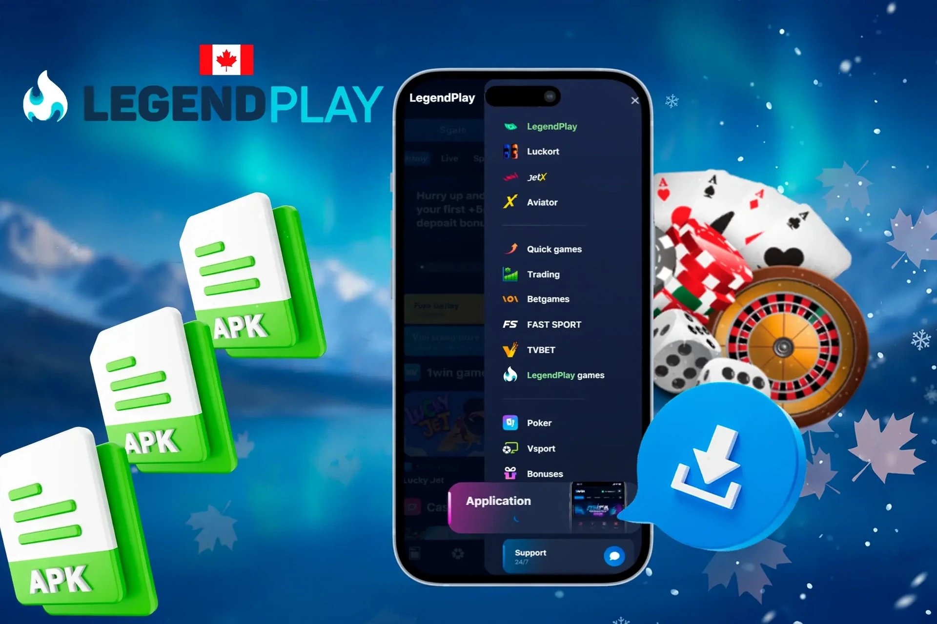 LegendPlay app with APK file icons and casino chips illustrating mobile access to LegendPlay games