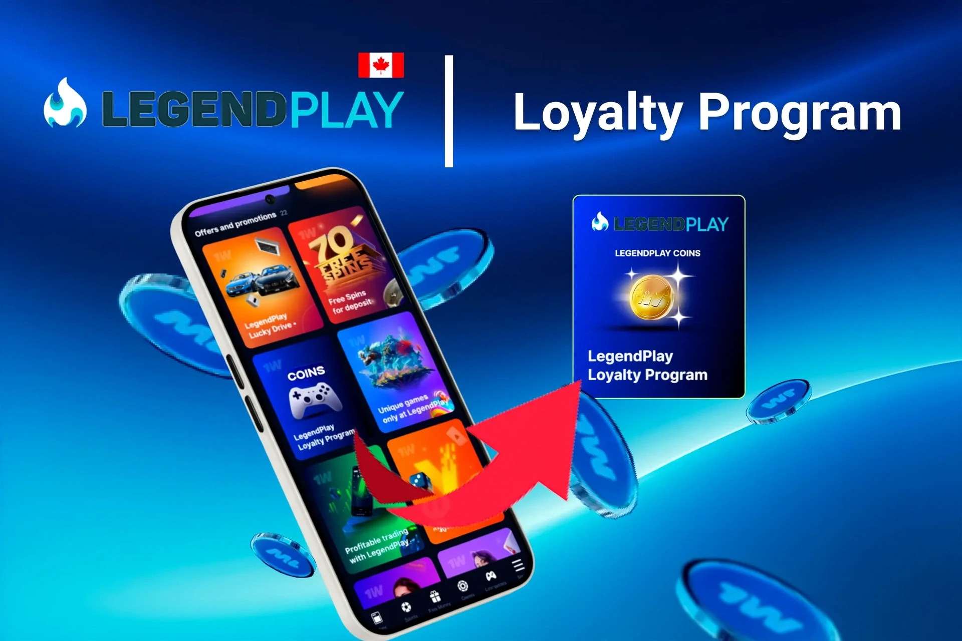 Mobile app showing LegendPlay loyalty program and offers like free spins and Lucky Drive.