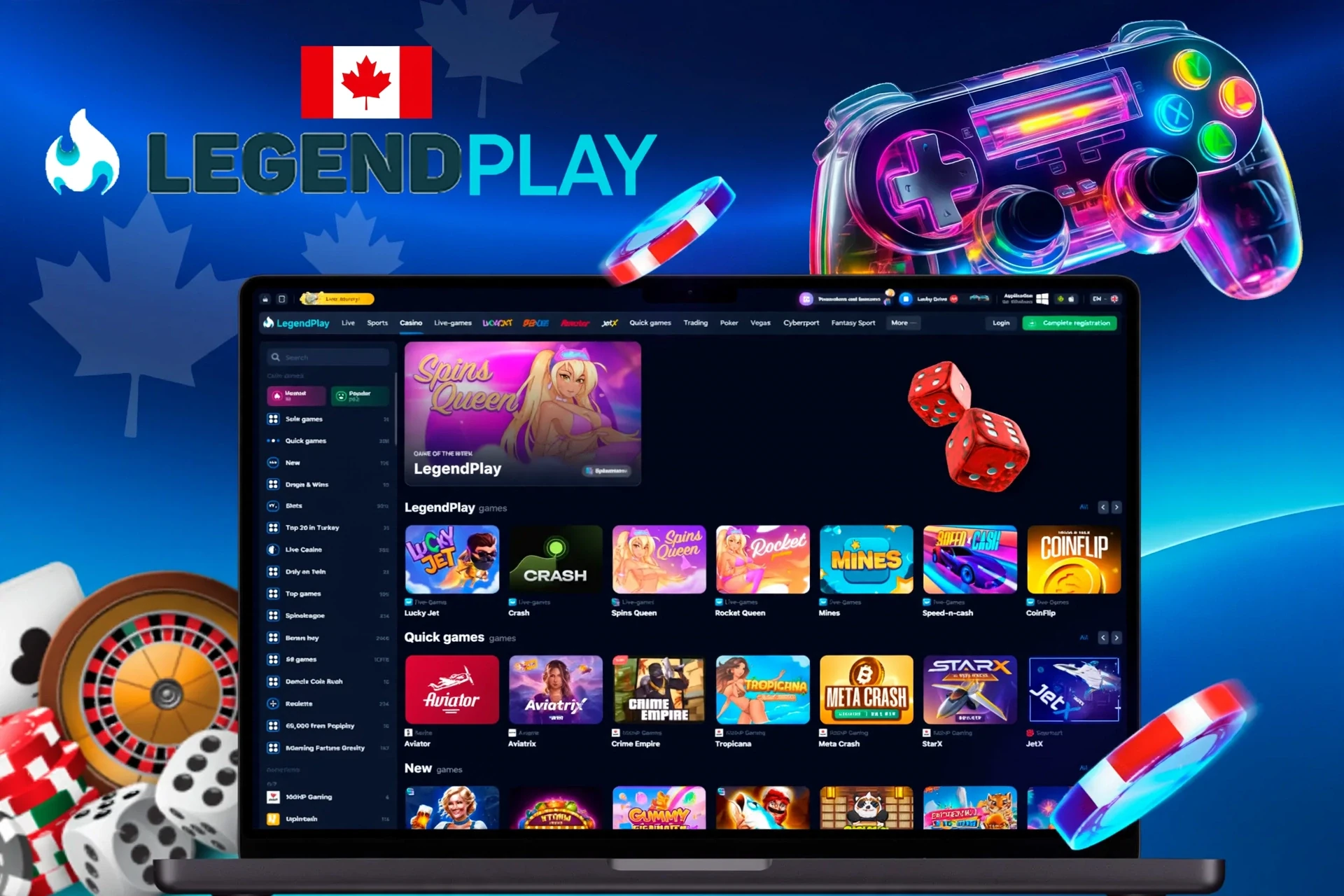 app interface showing a variety of games like Spins Queen, Crash, and Rocket Queen with a vibrant game controller icon