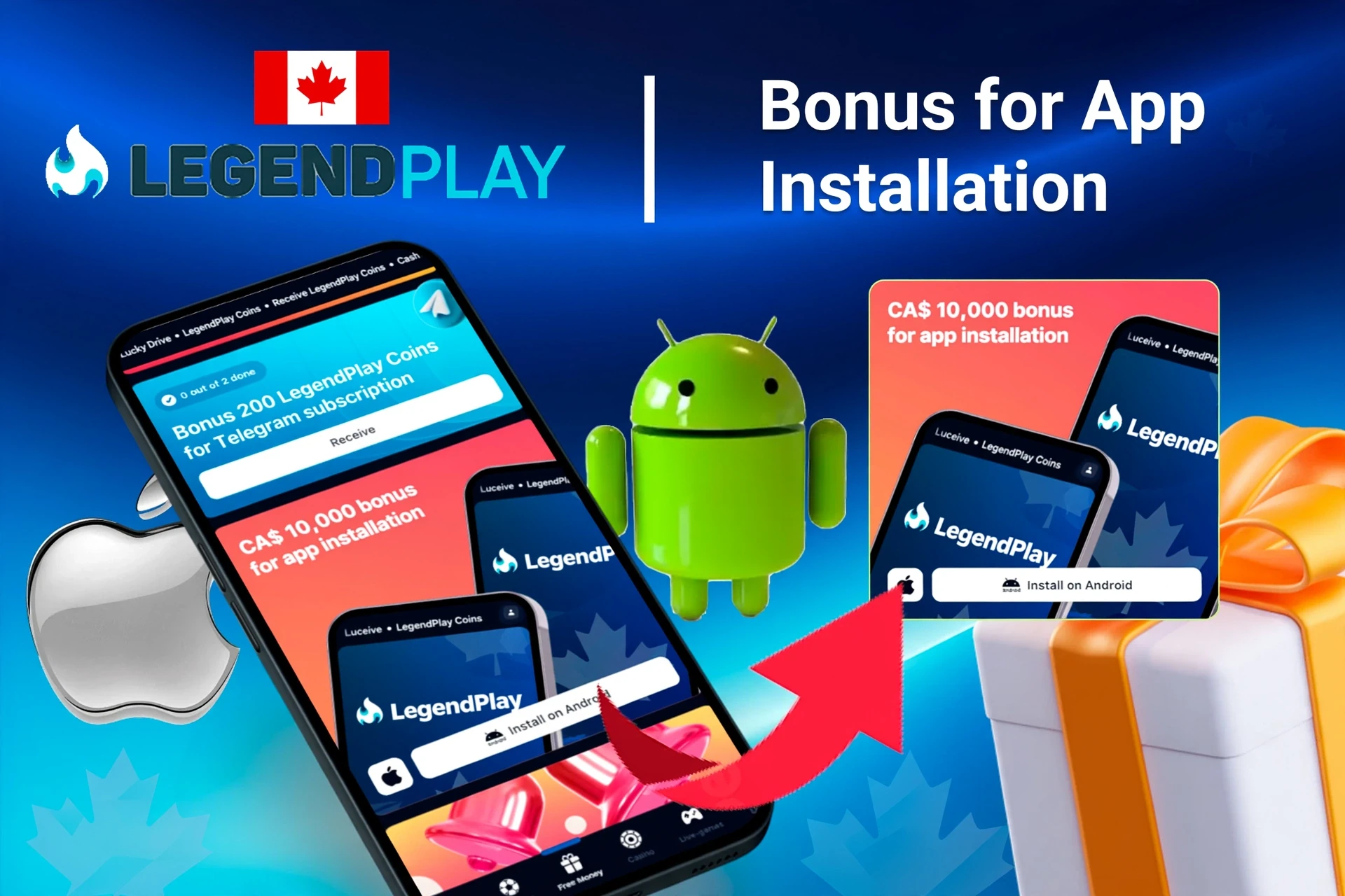 LegendPlay bonus offer for app installation on mobile with Android and Apple logos, and gift boxes
