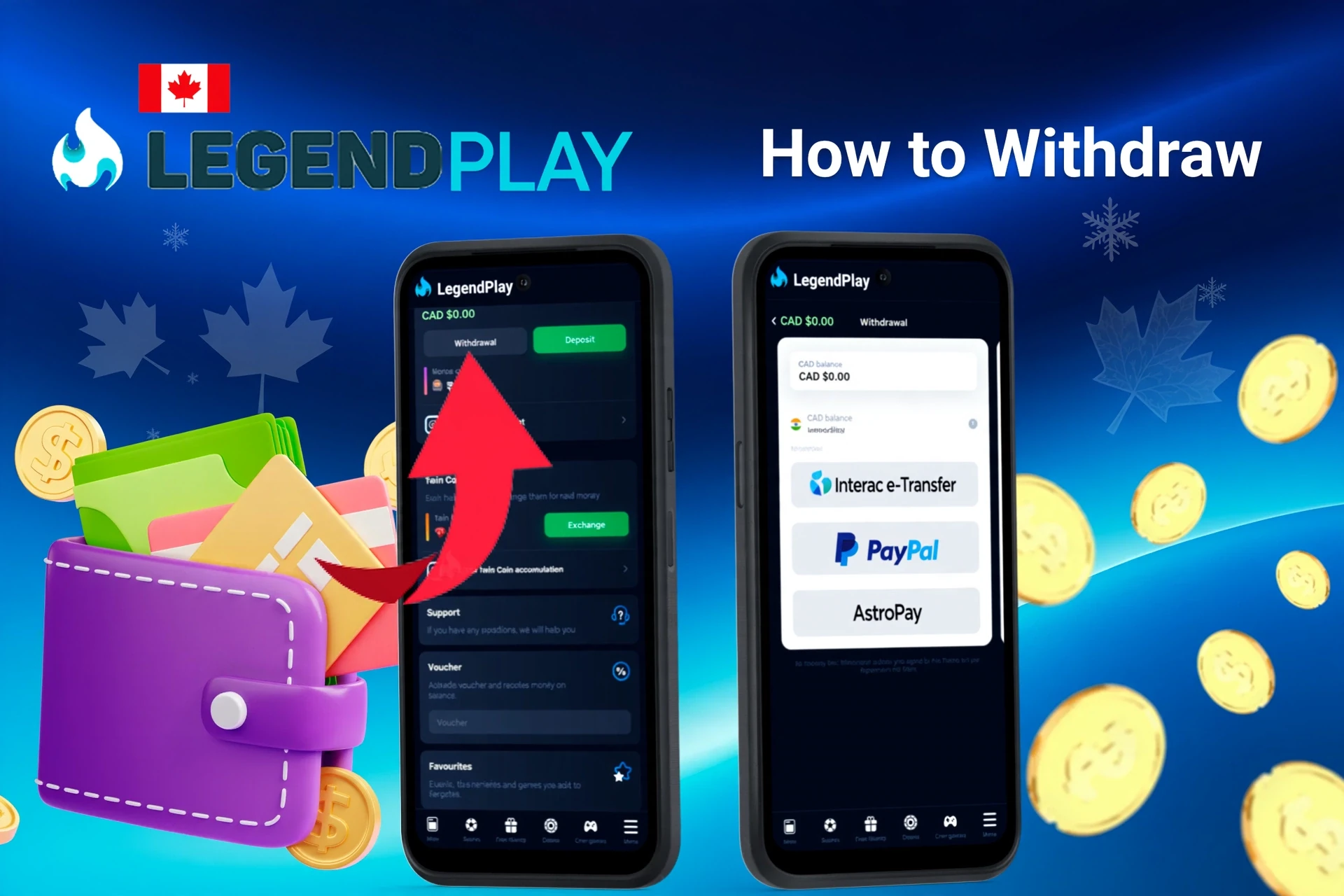mobile interface showing withdrawal process with an arrow pointing to withdrawal options and available wallet balance