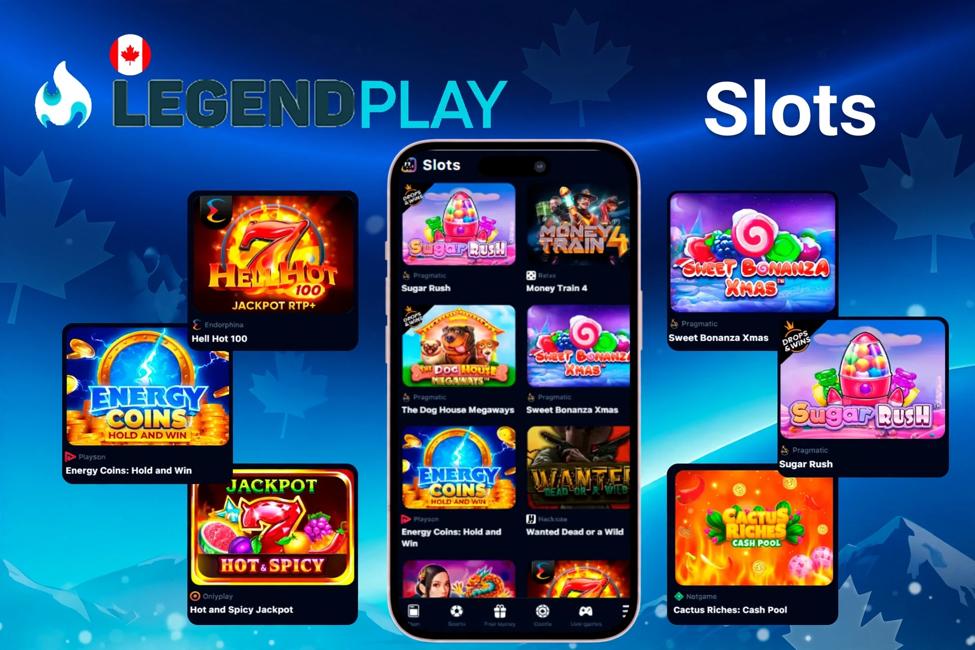 Slots games featuring popular titles like Sugar Rush, Energy Coins, and Hell Hot 100 on mobile and desktop