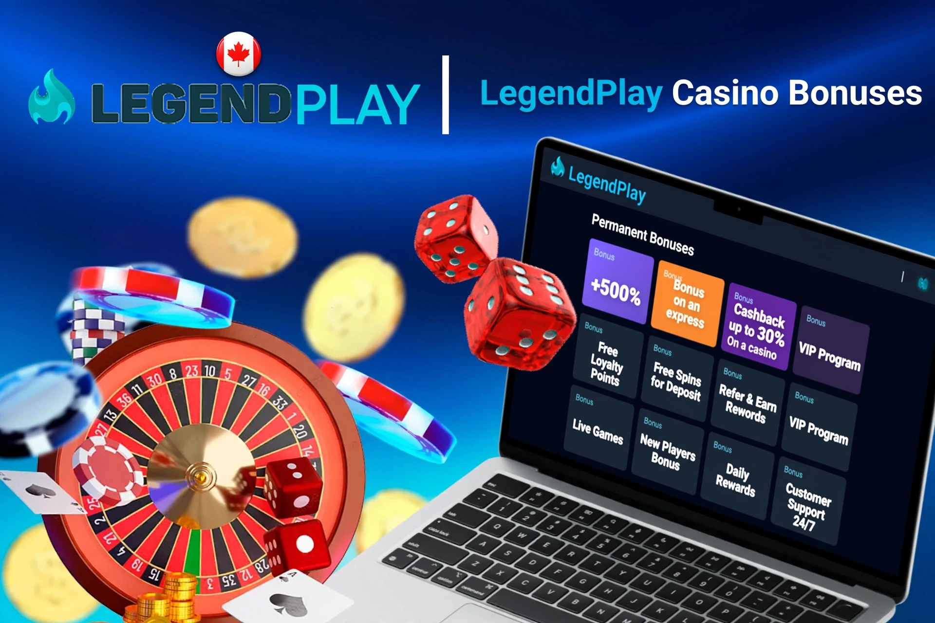 Laptop screen showing various LegendPlay casino bonuses with roulette, dice, and poker chips
