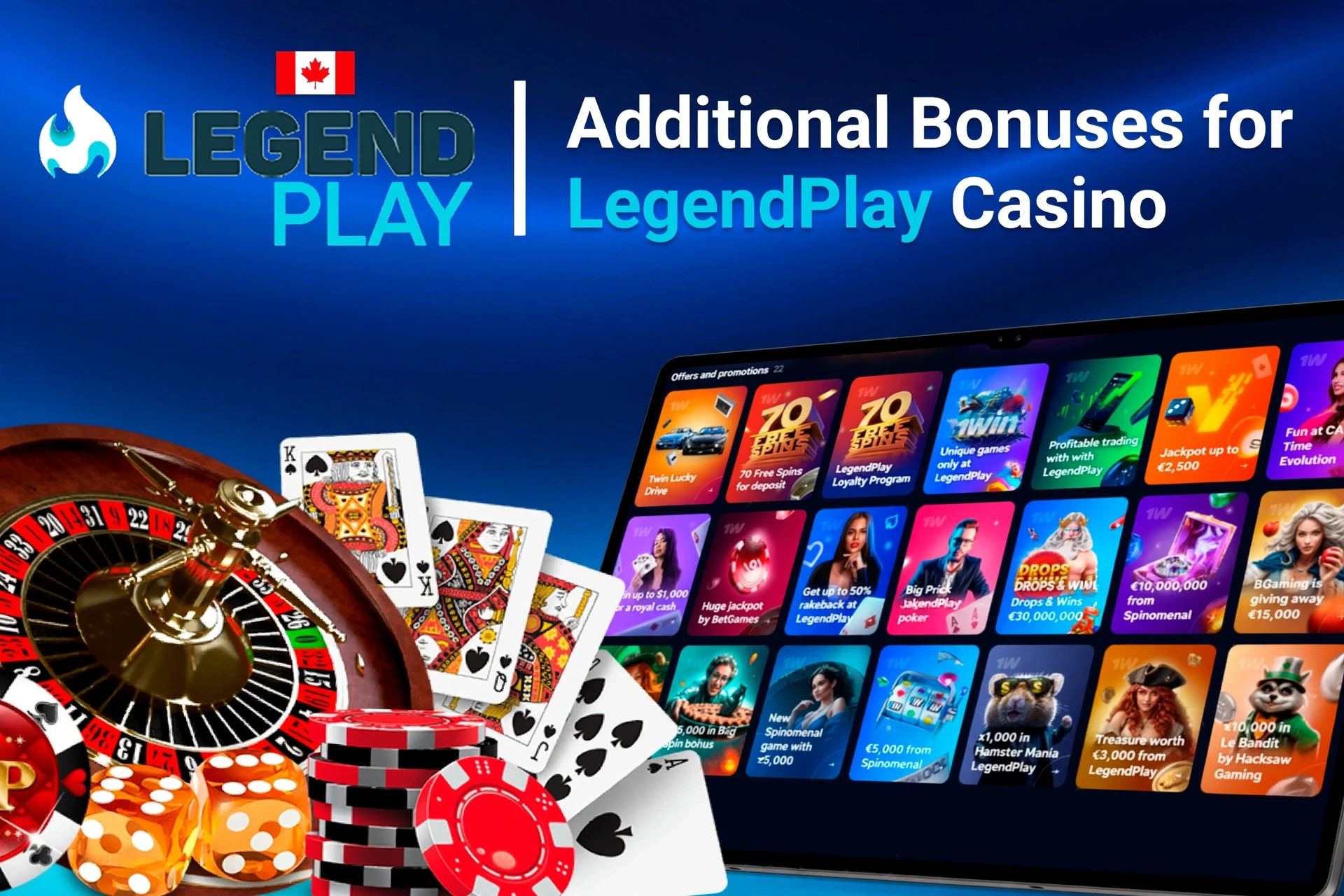 Mobile app showing casino game offers like loyalty program and free spins with poker chips and cards