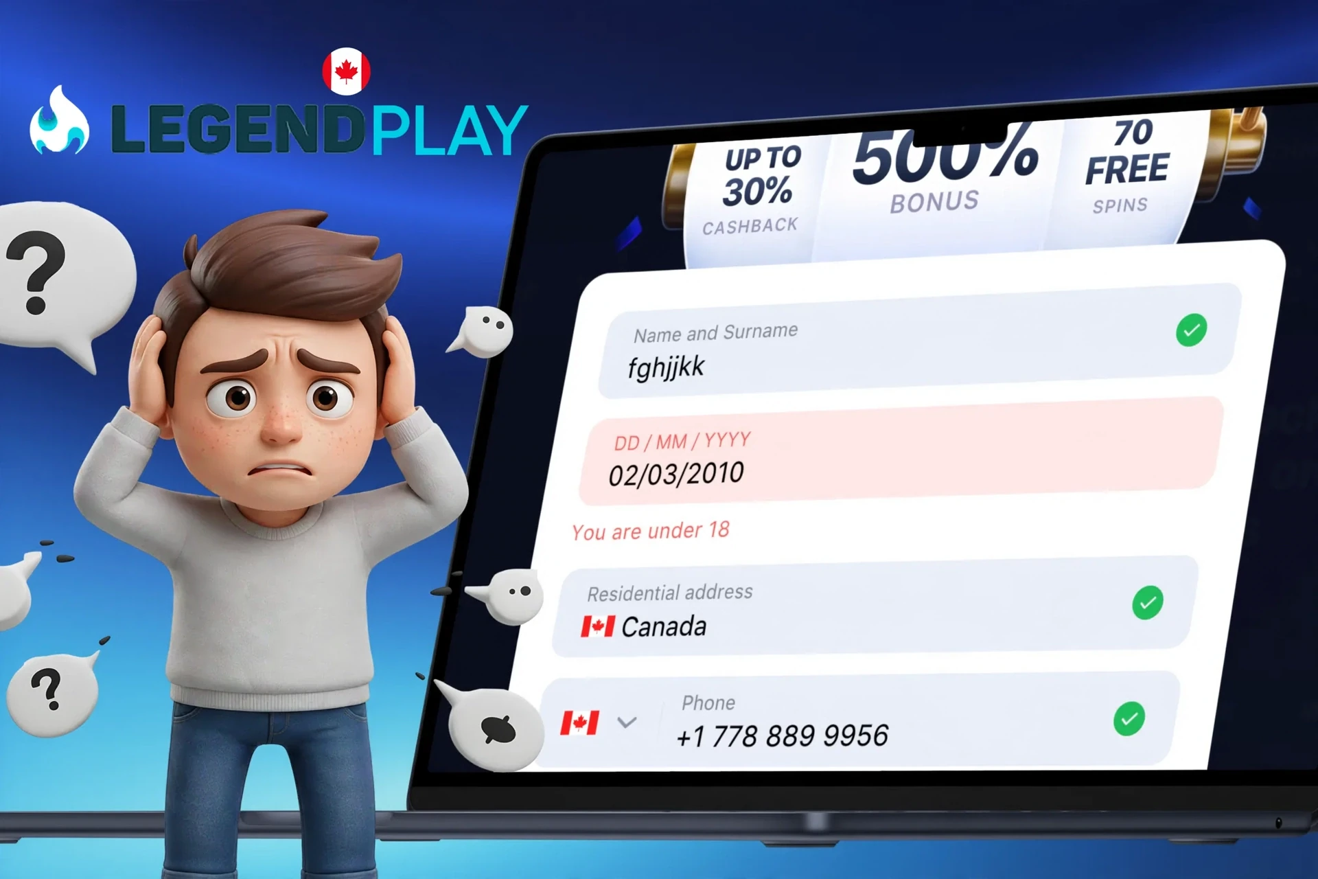 Description of possible difficulties when registering on LegendPlay